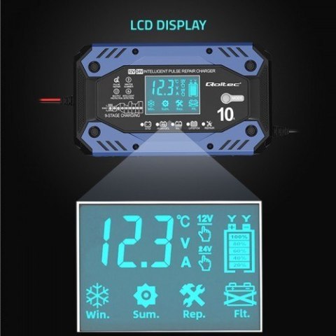 QOLTEC ŁADOWARKA DO AKUMULATORA STD AGM GEL LIFEPO4 | PROSTOWNIK Z FUNKCJĄ NAPRAWY | 12-24V | 10A | LCD|9-STOPNIOWE ŁADOWANIE QOLTEC ŁADOWARKA DO AKUMULATORA STD AGM GEL LIFEPO4 | PROSTOWNIK Z FUNKCJĄ NAPRAWY | 12-24V | 10A | LCD|9-STOPNIOWE ŁADOWANIE