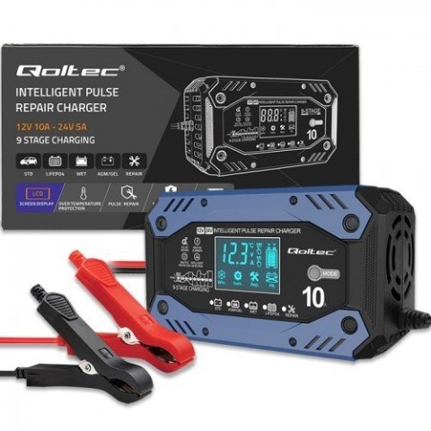 QOLTEC ŁADOWARKA DO AKUMULATORA STD AGM GEL LIFEPO4 | PROSTOWNIK Z FUNKCJĄ NAPRAWY | 12-24V | 10A | LCD|9-STOPNIOWE ŁADOWANIE QOLTEC ŁADOWARKA DO AKUMULATORA STD AGM GEL LIFEPO4 | PROSTOWNIK Z FUNKCJĄ NAPRAWY | 12-24V | 10A | LCD|9-STOPNIOWE ŁADOWANIE