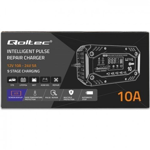 QOLTEC ŁADOWARKA DO AKUMULATORA STD AGM GEL LIFEPO4 | PROSTOWNIK Z FUNKCJĄ NAPRAWY | 12-24V | 10A | LCD|9-STOPNIOWE ŁADOWANIE QOLTEC ŁADOWARKA DO AKUMULATORA STD AGM GEL LIFEPO4 | PROSTOWNIK Z FUNKCJĄ NAPRAWY | 12-24V | 10A | LCD|9-STOPNIOWE ŁADOWANIE