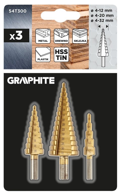 Wiertła stopniowe: 4-12, 4-20, 4-32 mm, TiN, zestaw 3 szt. Wiertła stopniowe: 4-12, 4-20, 4-32 mm, TiN, zestaw 3 szt.