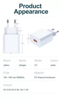 JELLICO ładowarka sieciowa C7 22.5W 1xUSB QC3.0 Biały JELLICO ładowarka sieciowa C7 22.5W 1xUSB QC3.0 Biały