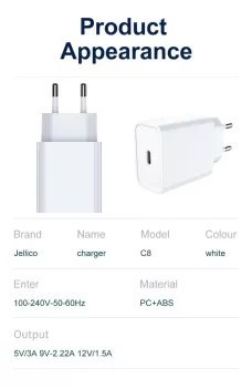 JELLICO ładowarka sieciowa C8 PD 20W 1xUSB-C Biały JELLICO ładowarka sieciowa C8 PD 20W 1xUSB-C Biały