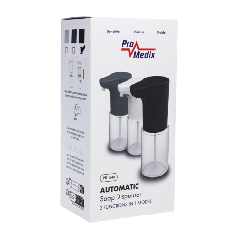 Automatyczny dozownik Promedix, pojemnik dyspenser do płynnych mydeł, płynów dezynfekujących, 300ml, 4xAA, czarny, PR-540 B Automatyczny dozownik Promedix, pojemnik dyspenser do płynnych mydeł, płynów dezynfekujących, 300ml, 4xAA, czarny, PR-540 B