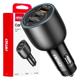 Ładowarka samochodowa 2x usb-c + usb-a 12v 24v 100w amio-04371