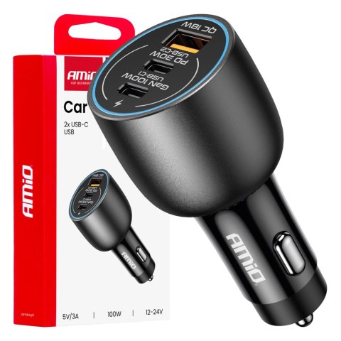 Ładowarka samochodowa 2x usb-c + usb-a 12v 24v 100w amio-04371 Ładowarka samochodowa 2x usb-c + usb-a 12v 24v 100w amio-04371