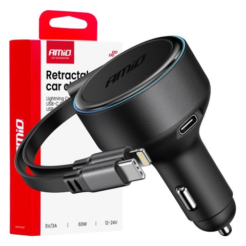 Ładowarka samochodowa ze zwijanym kablem typ c + lightning iphone + usb-c 12v 24v 60w amio-04370 Ładowarka samochodowa ze zwijanym kablem typ c + lightning iphone + usb-c 12v 24v 60w amio-04370