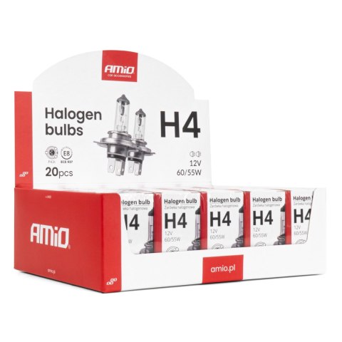 Zestaw żarówek halogenowych h4 12v 60/55w filtr uv (e8) 20szt. amio-04401 Zestaw żarówek halogenowych h4 12v 60/55w filtr uv (e8) 20szt. amio-04401