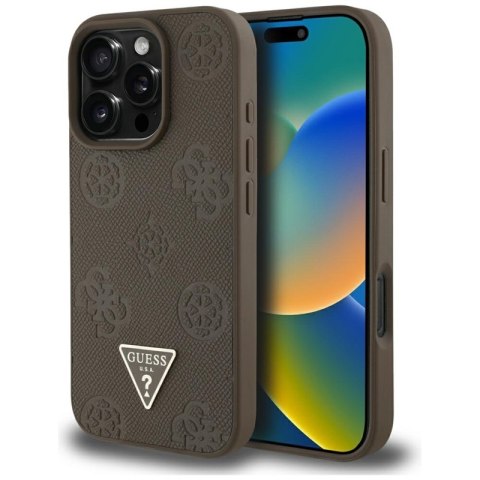 Guess Grained Hot Stamp Peony Triangle Logo MagSafe - Etui do iPhone 16 Pro (brązowy)