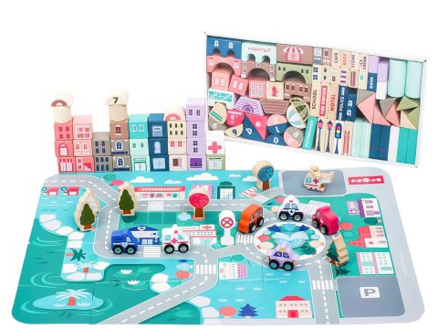 Drewniane klocki edukacyjne miasto z matą 115 szt ECOTOYS Drewniane klocki edukacyjne miasto z matą 115 szt ECOTOYS