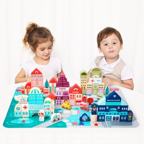 Drewniane klocki edukacyjne miasto mata 121 sztuk ECOTOYS Drewniane klocki edukacyjne miasto mata 121 sztuk ECOTOYS