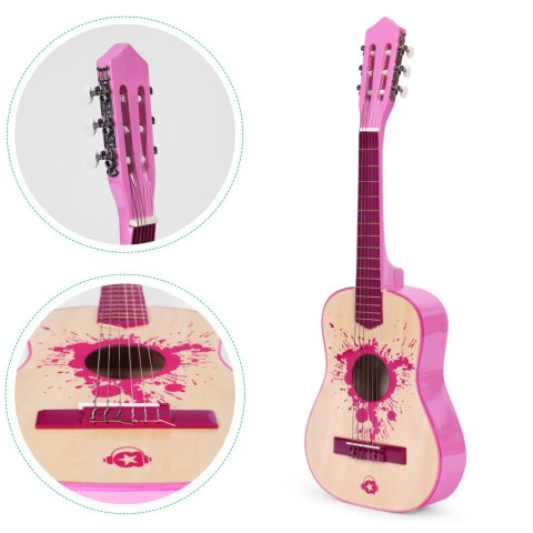 Gitara dla dzieci różowa duża - 34` drewniana 6 strun metalowe i nylonowe ECOTOYS Gitara dla dzieci różowa duża - 34` drewniana 6 strun metalowe i nylonowe ECOTOYS