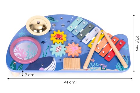 Stolik z instrumentami stół muzyczny cymbałki talerz perkusyjny tarka motyw morski ECOTOYS Stolik z instrumentami stół muzyczny cymbałki talerz perkusyjny tarka motyw morski ECOTOYS