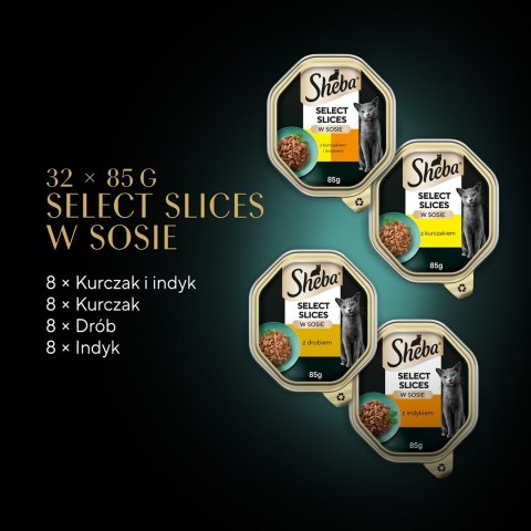 SHEBA Select Slices drób/kurczak/indyk w sosie - mokra karma dla kota - tacka - 32x85 g SHEBA Select Slices drób/kurczak/indyk w sosie - mokra karma dla kota - tacka - 32x85 g